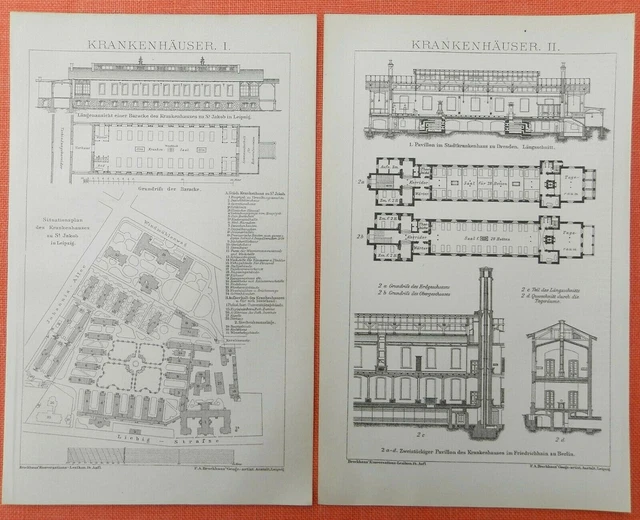 Krankenhäuser I+II  Dresden Berlin Leipzig  Holzstich 1894 Krankenhaus Grundriss
