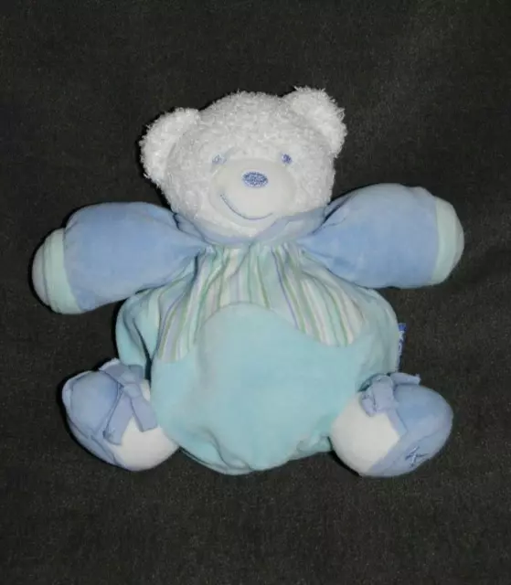 Peluche KALOO Doudou Ours Blanc Bleu Turquoise Rayé Boule Lagoon 18 Cm TTBE