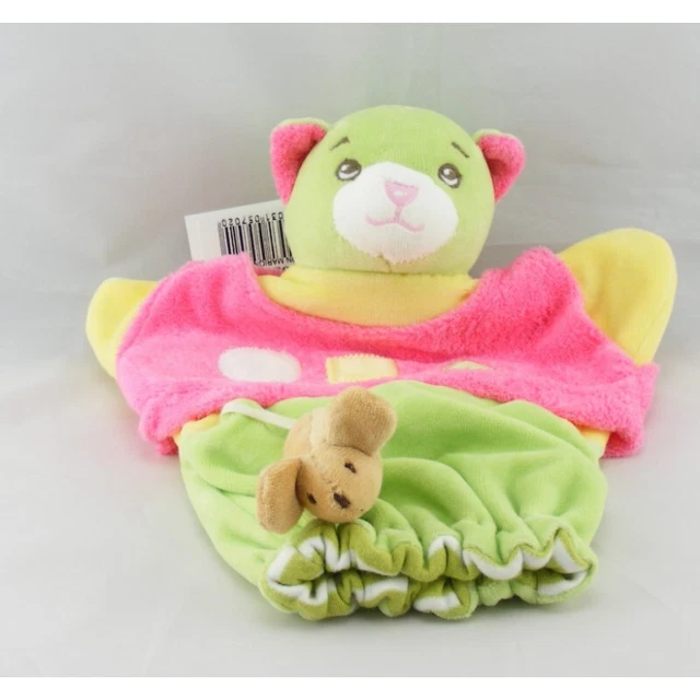 Doudou plat marionnette chat rose vert jaune souris NOUNOURS - 6018