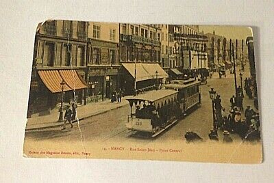 Antique 1914 Post Card Nancy rue saint jean tram focal point gas company N1