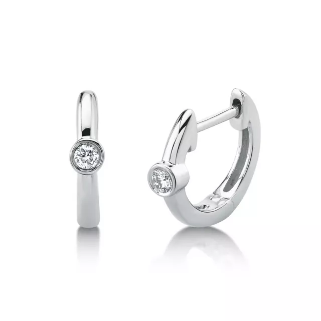 14k White Gold Diamond Huggie Earrings Natural Round Cut Bezel Set 0.06 CT