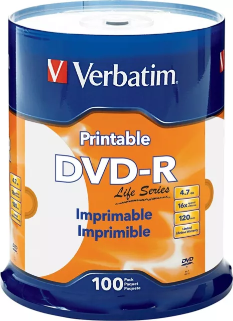 100 VERBATIM Life Series DVD-R 16X 4.7GB White Inkjet Printable Spindle 98491