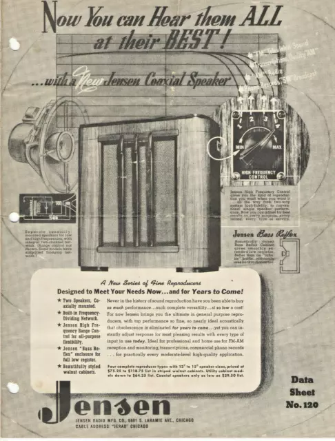 VTG 1940s JENSEN SPEAKERS ADVERTISING DATA SHEET! CABINETS/PRICES/ACCESSORIES!