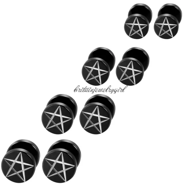 2-8pcs Dumbell Inverted Pentagram Black Stainless Steel Men Women Stud Earrings