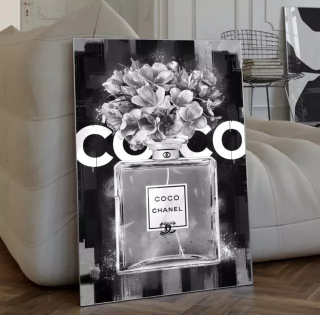 XXL LEINWAND BILD BIS 155x100x5 COCO CHANEL PARFUM SCHWARZ-WEISS BLUMEN WANDBILD