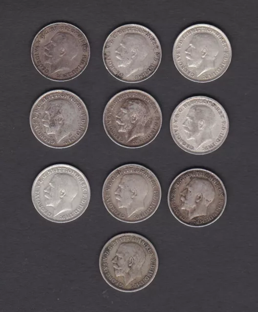 10 x George V 3d maundy silver coins 1912 - 1921