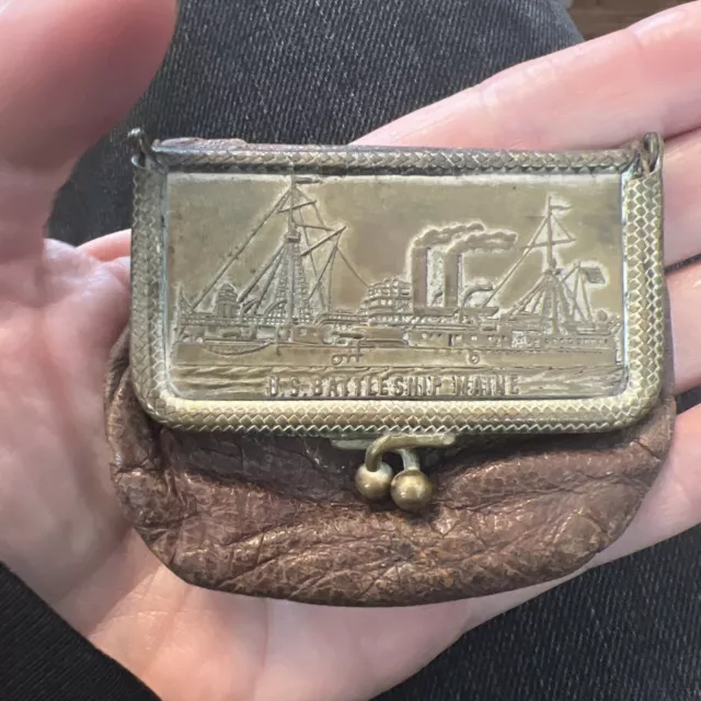 Antique Leather Advertisement Coin Purse charlotte oil & f US Battleship Maine