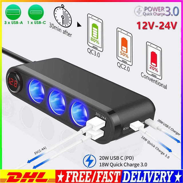 LKW Auto KFZ-Adapter 3 Fach Zigarettenanzünder Verteiler 12V/24V 3 USB+1 PD Port