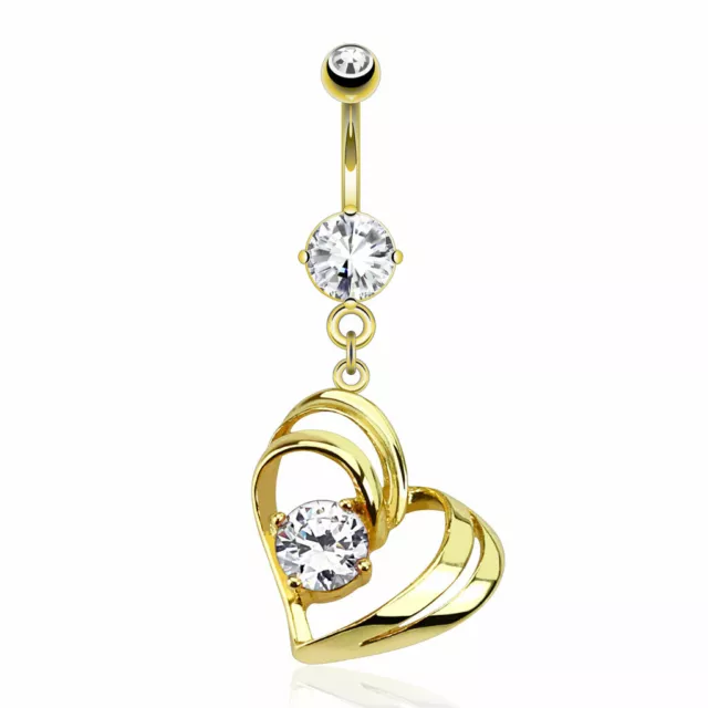14K Gold Plated CZ Hollow Heart Dangling Navel Belly Button Ring 14g