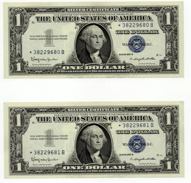 1957-B $1 Silver Cert. *Star* ~ Crisp Uncirculated 2 Notes In Serial # Sequence!
