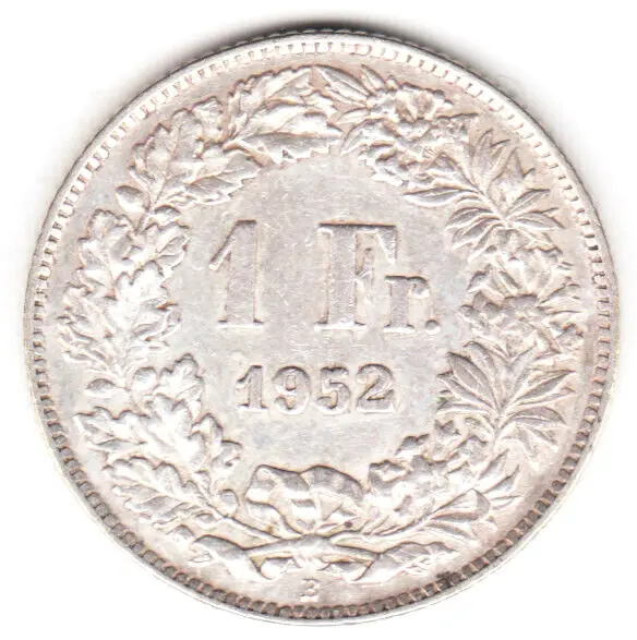 1952-B  Switzerland 1 Franc .835 Silver Coin. Roughly the Size of a Quarter.