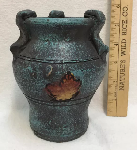 Urn Vase Pottery Blue Textured Glaze Maple Leaf Handcrafted Clay Art 5"