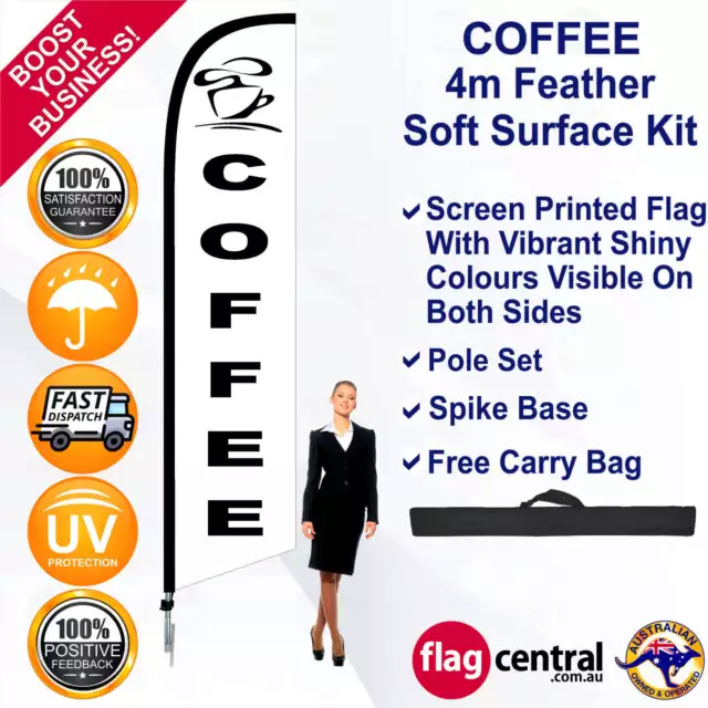 COFFEE White 4m Feather Flag/Banner Kit with Spike *UV Protected *Cost Effective