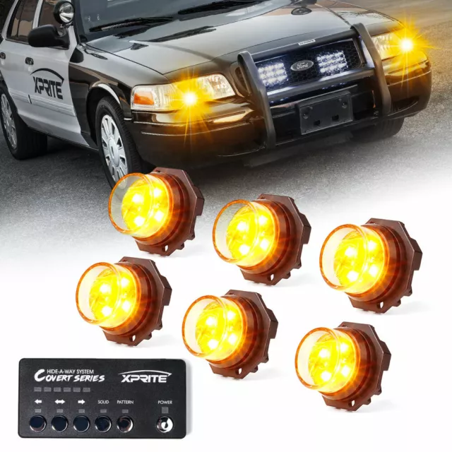 Xprite 6 Pack Hideaway Strobe Lights Kit Amber LED Emergency Warning Lights Head