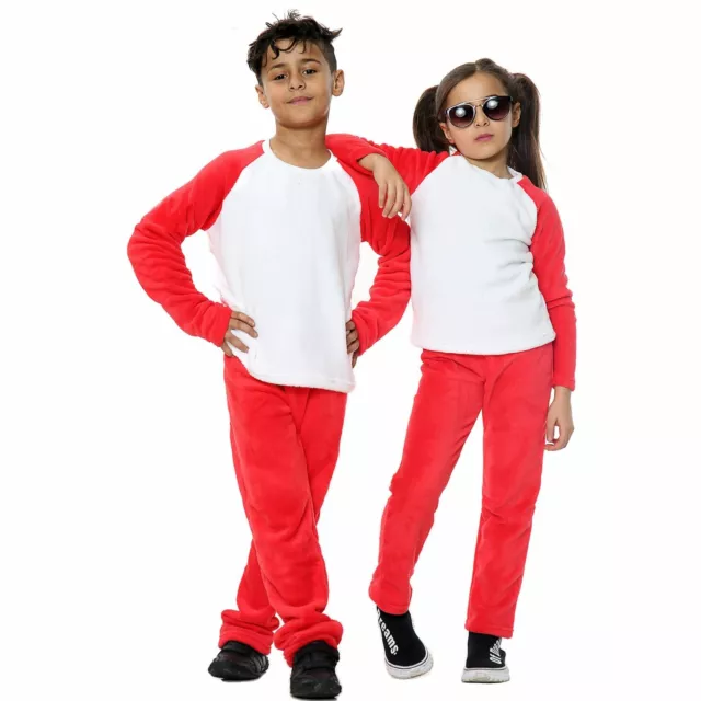 Kids Girls Boys Red Pyjamas Soft Fleece PJs 2 Piece Flannel Set Lounge Suit 2-13