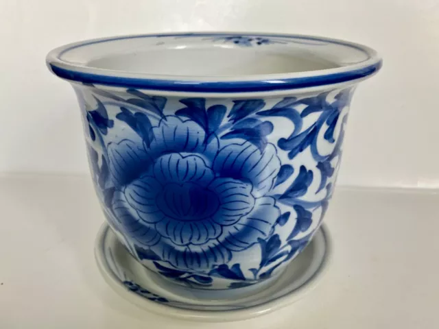 Vintage Chinese Blue & White Jardiniere Planter Lotus Florals, with Saucer