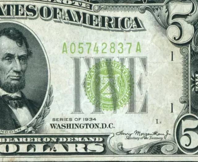 $5 1934 LGS LIME ((LIGHT GREEN SEAL)) Federal Reserve Note DAILY CURRENCY