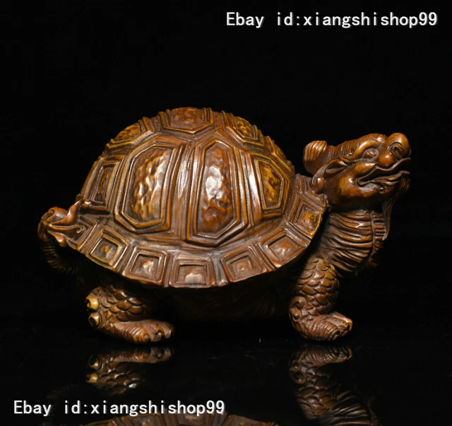 China Folk Feng Shui Boxwood Wood Carving Dragon Turtle Tortoise Statue Figurine