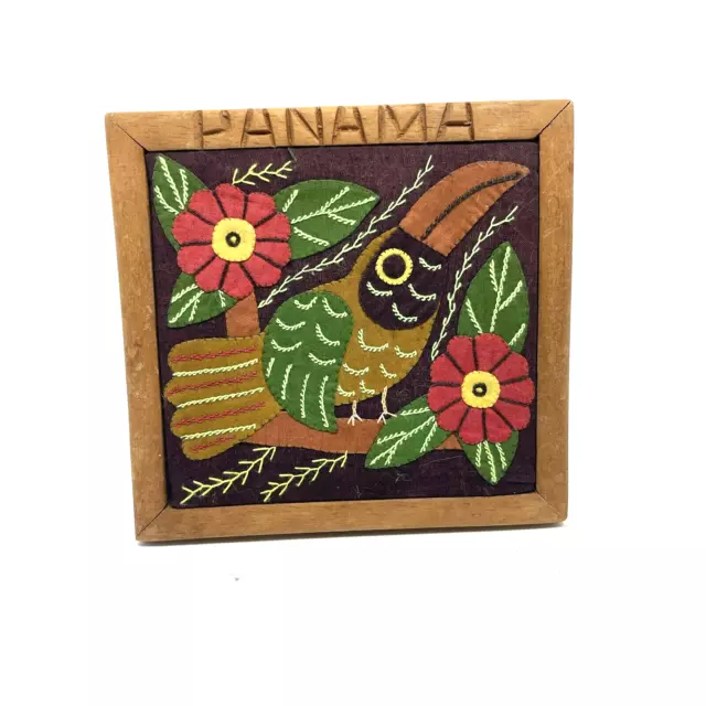 Vintage Kuna Mola Bird Yellow Green Rust Framed Handmade Panama 5.5" x 5.5"