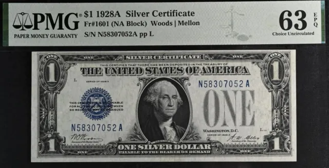 1928A $1 Silver Certificate PMG 63EPQ popular wanted NA Block Fr 1601