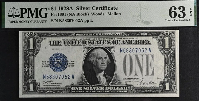 1928A $1 Silver Certificate PMG 63EPQ popular wanted NA Block Fr 1601