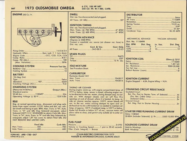 1973 OLDSMOBILE OMEGA 6 Cylinder 250 ci / 100 hp Car SUN ELECTRONIC SPEC SHEET