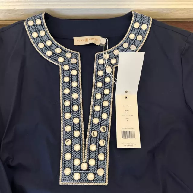 Tory Burch Navy 3/4 Sleeve Embellished Tunic cotton Blouse Size 2 3