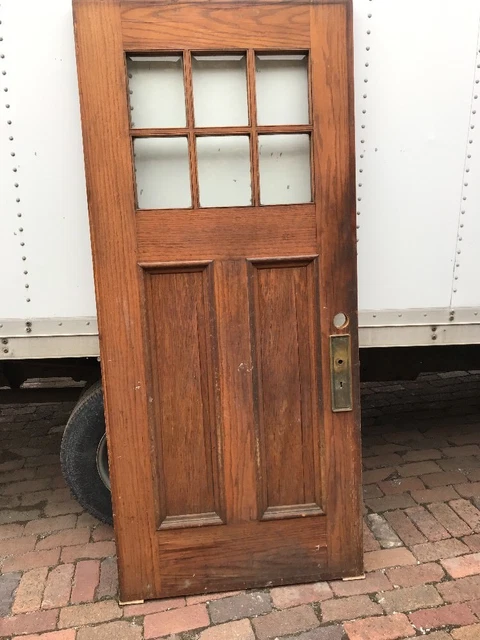 MAR 29 antique oak entrance door six beveled glass panels 35.75 x 80.25