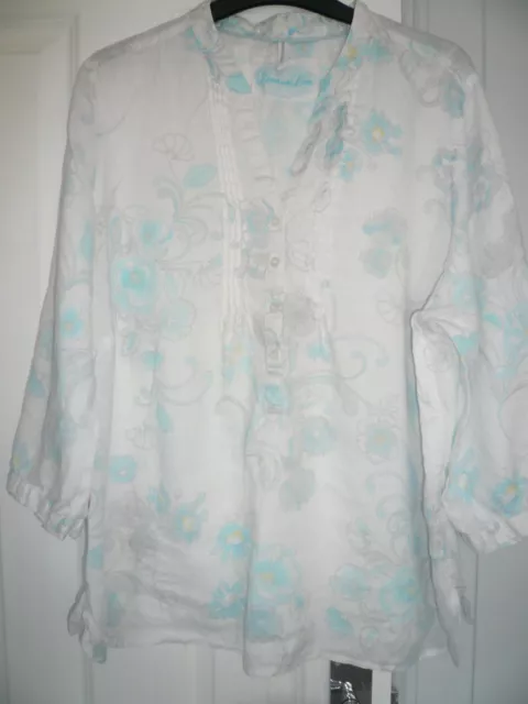 Top túnica M&S azul/blanco talla 20 (22), 100% lino, floral turquesa fab con