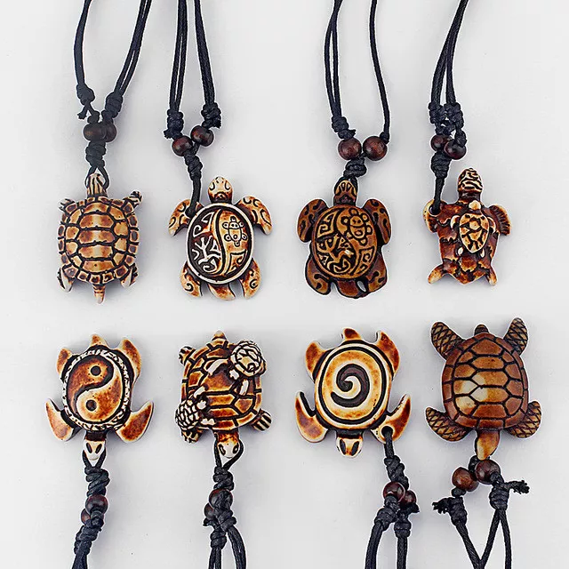 8pcs Mixed Styles Ethnic Tribal Faux Yak Bone Sea Turtle Charms Pendant Necklace