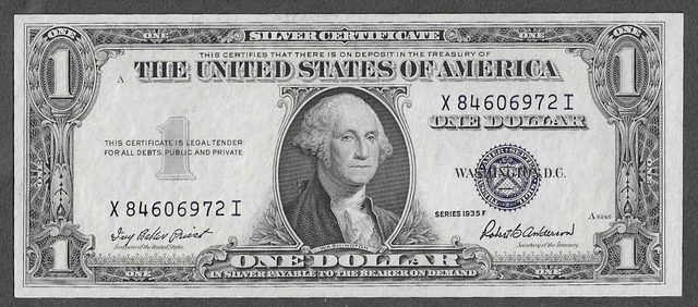 FR. 1615 UNC One Dollar ($1) Series of 1935F Blue Seal Silver Certificate