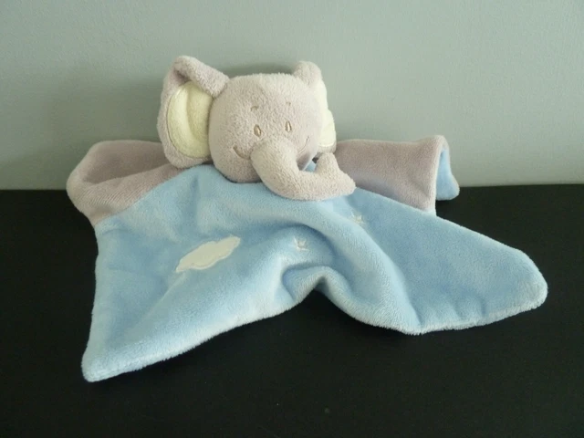 27- Doudou Plat Elephant Gris Bleu Nuage Etoile Blanc Carre - Excellent Etat