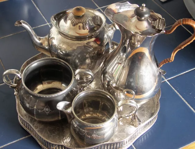 Mappin & Webb, James Allen, Silver plate teapot, coffee pot, sugar bowl & creame