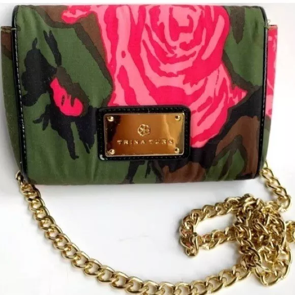 TRINA TURK Pink Floral Fabric Shoulder Bag / Clutch with Gold Chain