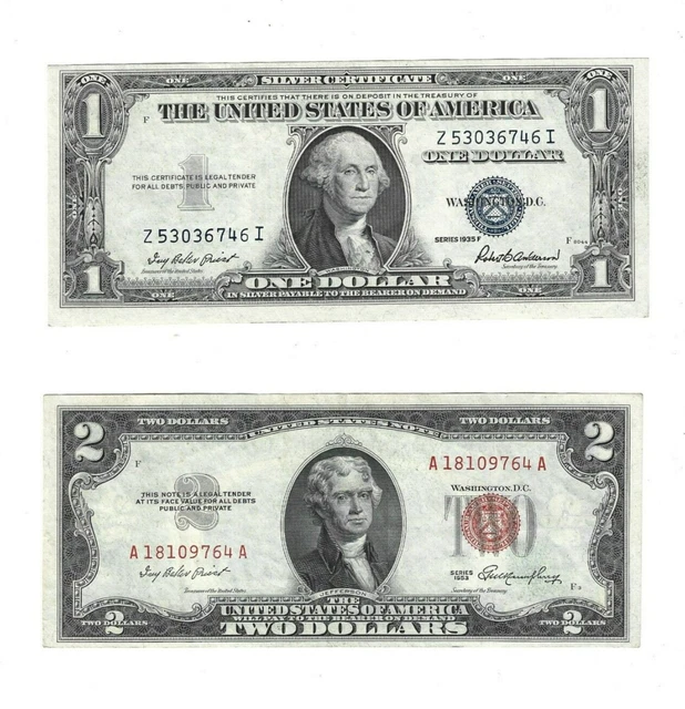 1935F $1 Silver Certificate Z 53036746 I 1953 $2 Red Seal A 18109764 A Lot J8