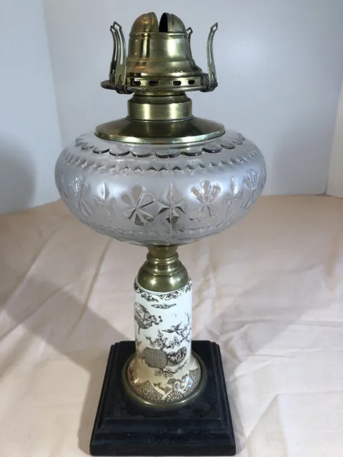 Old Antique Victorian Ceramic Transferware Stem Iron Brass Oil Lamp Queen Anne 2