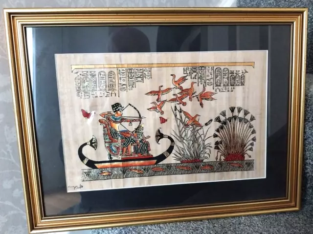 Framed Hand Painted Egyptian Scene On Papyrus