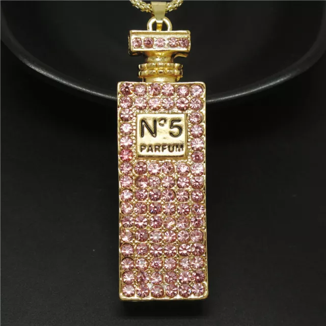 Hot Fashion Lady Pink Bling Perfume Bottle Crystal Pendant Women Necklace