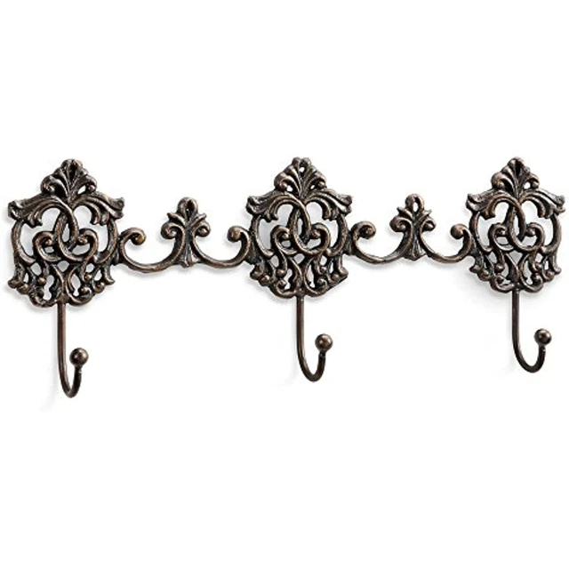 SPI Home Elegant Ornate Scroll Triple Wall Hooks 16.5 Inches Antiqued Brass