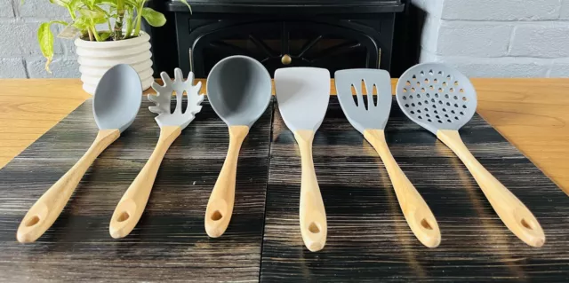 6 pc Set of Silicone Utensils with Hevea Wood Handles Heat Resistant Non Scratch