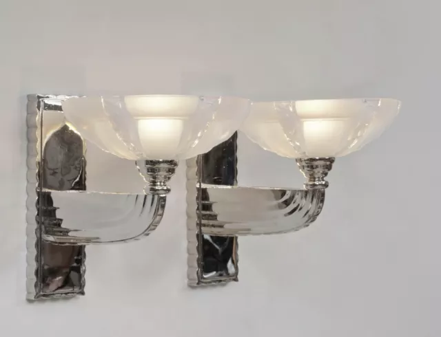 PETITOT & EZAN large pair of French 1930 opalescent Art Deco wall sconces France