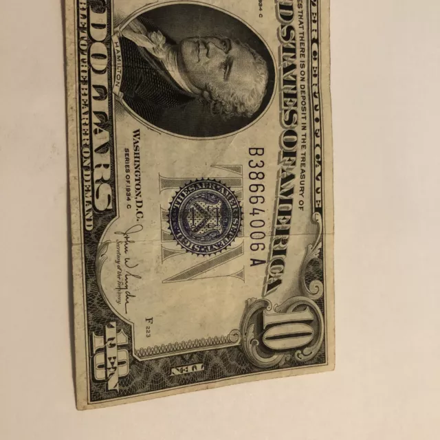 1934 C Series $10 TEN DOLLAR BLUE SEAL SILVER CERTIFICATE NOTE 3