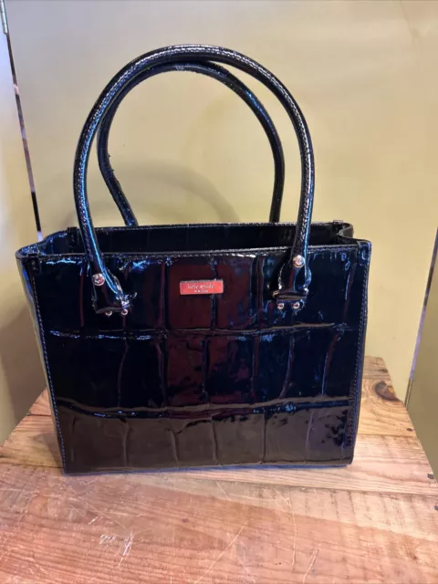 Kate Spade New York Tote Handbag Black Patent Leather Croc Embossed Large