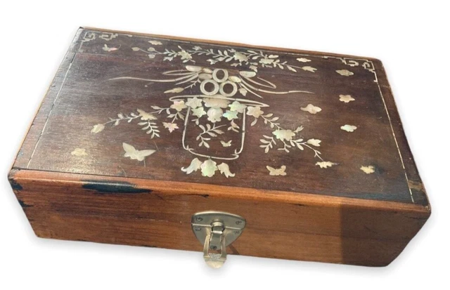 Caja antigua Burgaud joyería madre perla madera estuche de arte asiático decoración raro antiguo 20