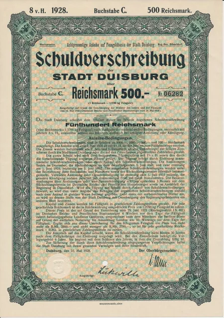 116776, Schuldverschreibung der Stadt Duisburg über Reichsmark 500.-, 8%
