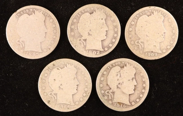 Lot of 5 Silver Barber Quarter Dollars-Avg Circ with Nice Appearances & Details!