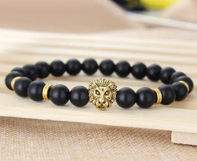 8mm Frosted Agate Lion Head Bracelet 7.5inches Gemstone cuff Sutra spirituality