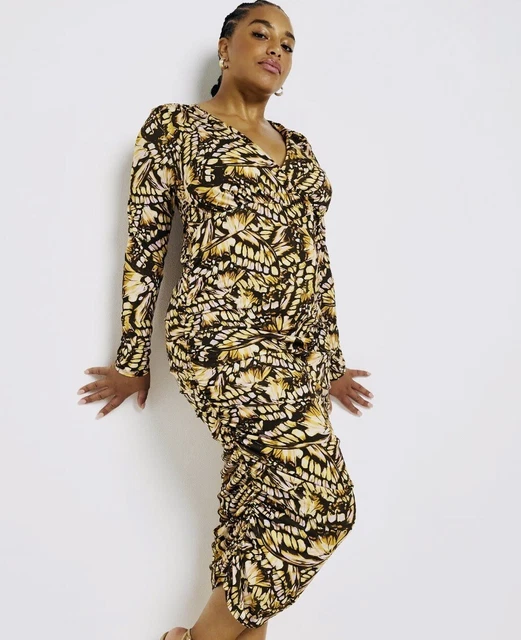 Abito midi nuovo con etichette stampa a farfalla Rived Island taglia 26 arricciato £45