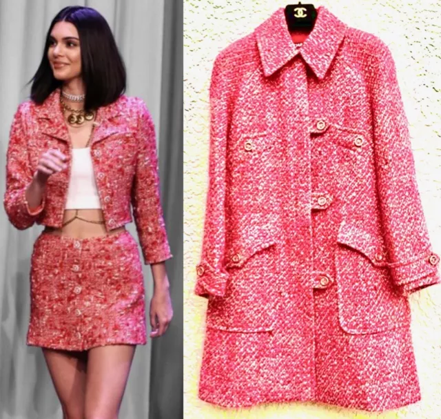 Chanel Vintage 2001 Barbie Red Pink Tweed V Long Coat 34 36 2 4 6 Top Jacket S M