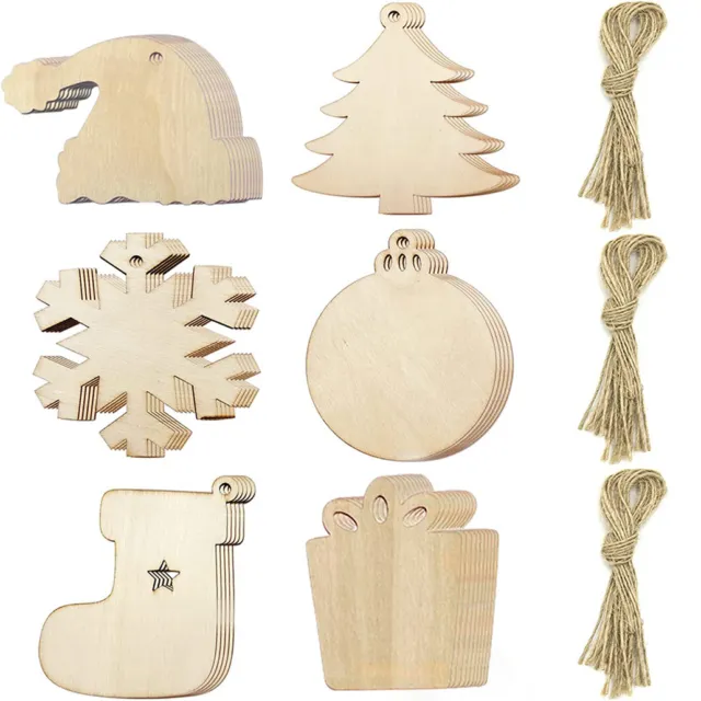 60 MDF Wooden Christmas Ornament Tree Hanging Pendant Blank Mixed Craft w/String